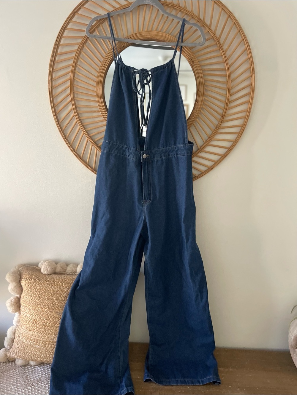 SHEIN Navy Wide-Leg Denim Overalls with Tie-Back